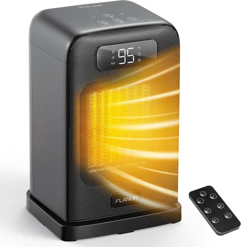 FLANUR Calentadores de espacio para uso en interiores, calentador de escritorio pequeño de 1500 W con control remoto, termostato, 4 modos,