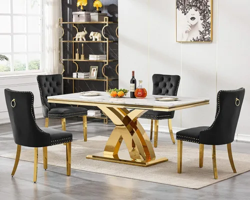 Miniatura 18 de Juego de mesa de comedor de mármol de lujo de 70 pulgadas para 4, juegos de mesa de cocina blanco y dorado para 4, mesa de comedor moderna de mármol