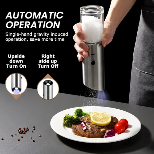Miniatura 5 de VEVOK CHEF Juego de molinillo eléctrico de sal y pimienta, recargable con luz LED, tipo C, gravedad automática, acero inoxidable, molino