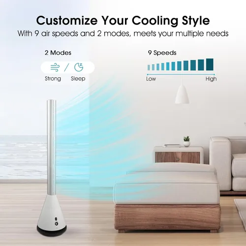 Miniatura 3 de Ventilador de torre sin aspas con control remoto, ventilador de circulación de aire oscilante de 80°, 9 velocidades, temporizador de 8 horas