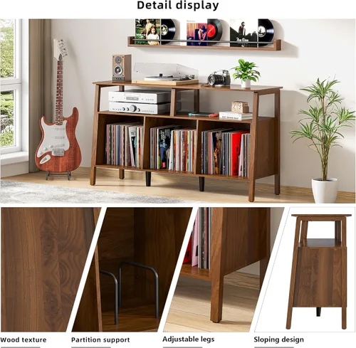 Miniatura 5 de Mxtxmy Soporte grande para tocadiscos, mesa giratoria de mediados de siglo con almacenamiento abierto con capacidad para hasta 450 álbumes, estante