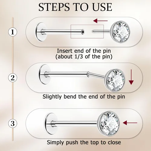 Miniatura 4 de NICEIGHT 4 aretes de titanio G23 de 16G sin rosca para labret Monroe, aretes hipoalergénicos para cartílago para orejas sensibles, espalda plana