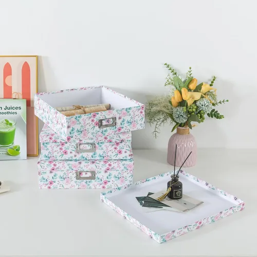 Miniatura 6 de Soul & Lane Cajas de almacenamiento decorativas florales con tapas, juego de 3 bonitas cajas de cartón anidables para fotos, documentos, álbumes
