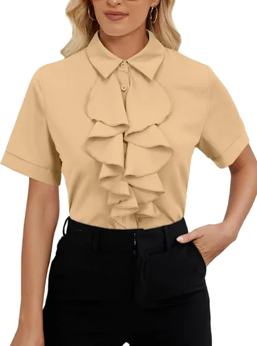 Miniatura 25 de Vrtige Women's Ruffle Front Collar Neck Button Down Short Sleeve Blouse Shirt Top