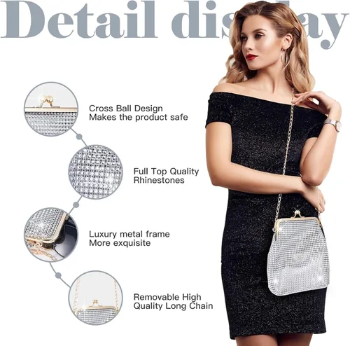 Miniatura 5 de QLBO Pequeño bolso plateado brillante para mujer, bolso de mano plateado con lentejuelas, bolso de mano plateado con diamantes de imitación