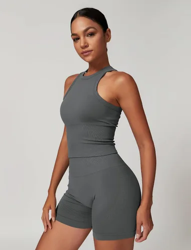 Miniatura 20 de Conjuntos de entrenamiento para mujer, 2 piezas, sin costuras, acanalada, sin mangas, brasier deportivo, cintura alta, pantalones cortos