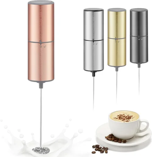 ELMWAY - Espumador de café a pilas, batidor eléctrico de acero inoxidable, mini espumador de leche para café, latte, matcha y proteína en polvo (oro
