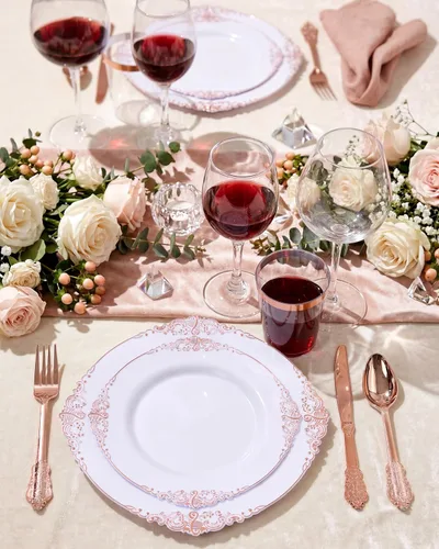 Miniatura 4 de Morejoy 100 platos de plástico, desechables, platos de postre de oro blanco y rosa de 7.5 pulgadas para bodas, fiestas y duchas rosa y oro