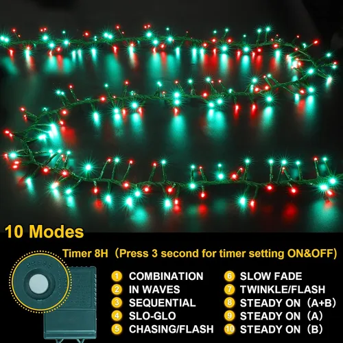 Miniatura 2 de LAMPHOME - Cadena de luces LED de 500 luces para exteriores, 46 pies, con 16 modos, luces impermeables verdes, rojas y rojas-verdes agrupadas