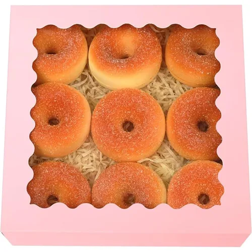 qiqee - Cajas de repostería rosas autodeslizables 50 paquetes, cajas para pasteles de 8 x 8 x 2.5 pulgadas con ventana Rosado