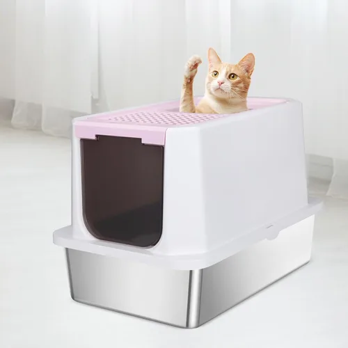 Miniatura 9 de RIZZARI Caja de arena cerrada extragrande para gatos, bandeja de arena de acero inoxidable rosa con diseño antifugas, superficie antiadherente fácil