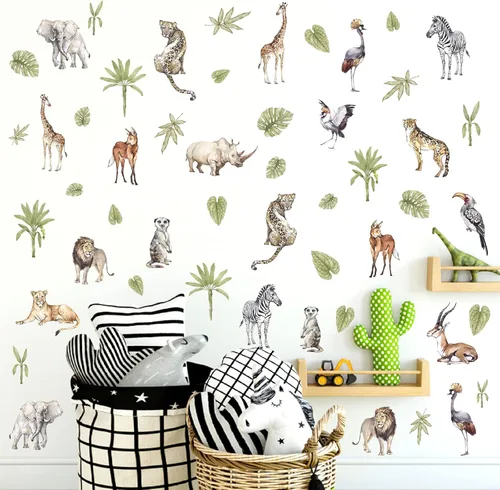 Miniatura 10 de Calcomanías de pared grandes de dinosaurio para despegar y pegar, calcomanías de pared de huellas de dinosaurio, hojas tropicales, palmeras