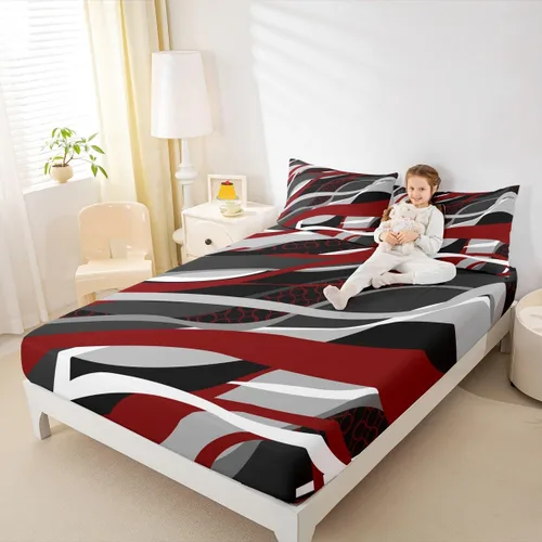 Miniatura 3 de Manfei Sábana bajera ajustable color rojo y gris, tamaño individual, funda de cama circular de rayas onduladas abstractas con 1 funda de almohada