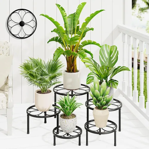 Paquete de 5 soportes de metal para plantas, soporte resistente para macetas de flores, contenedor de jardín de hierro inoxidable para interiores y