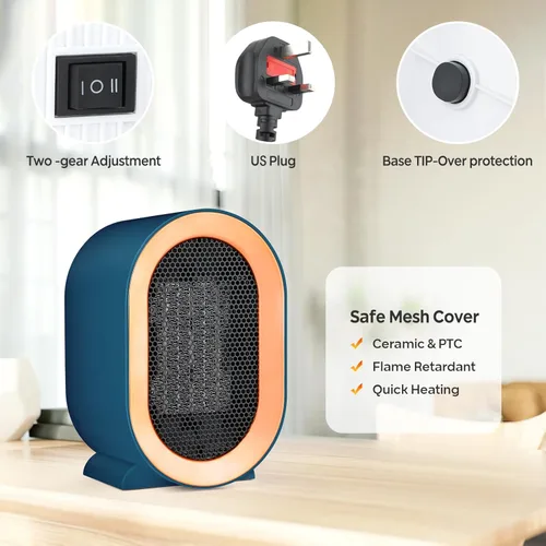 Miniatura 5 de Calentador eléctrico de cerámica enchufable, calentador de espacio rápido seguro a 104.0 °F con 2 modos de 800 W/1200 W, calentador cálido eficiente