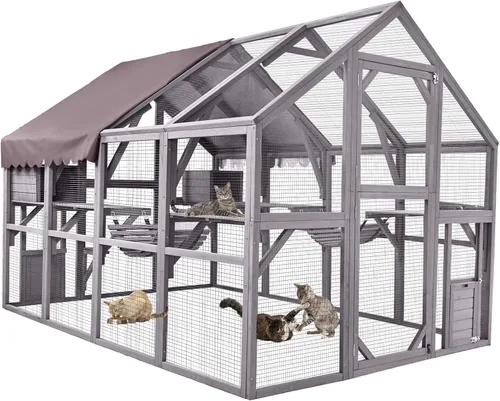 Miniatura 13 de Aivituvin Catio - Recinto para gatos al aire libre con 7 plataformas, 2 cajas de descanso, casa para gatos con ventana grande para 4-6 gatos Gris