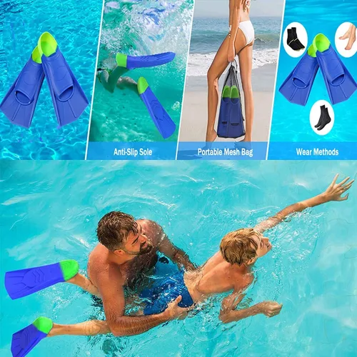 Miniatura 5 de Aletas de Natación para Niños, Aletas Cortas Cómodas para Natación de Vueltas y Entrenamiento para Niños, Niñas, Niños, Principiantes Azul y lima