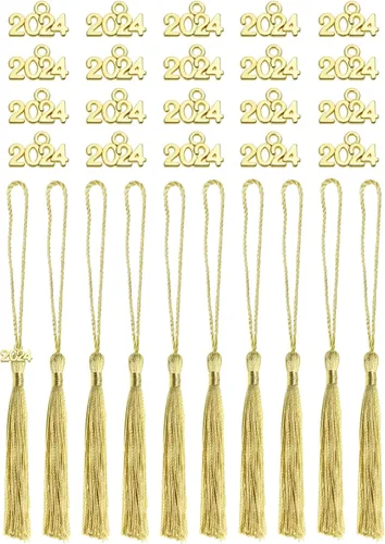Miniatura 11 de Tupalizy 10 mini borlas sedosas hechas a mano con 20 dijes del año 2024 para graduación, llavero, aretes, joyería, regalos de boda, recuerdos, Negro