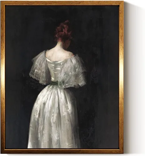 Miniatura 22 de InSimSea Arte de Pared en Lienzo Vintage con Marco Dorado Dama del Siglo XVII en Vestido Blanco Tono Oscuro 12 x 16 pulgadas, Retrato Melancólico