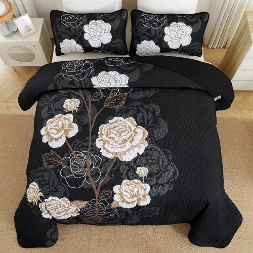 Miniatura 3 de Anibedding Juego de edredón floral tamaño Queen, elegante colcha cubrecama negra con estampado floral de 3 piezas, juego de ropa de cama