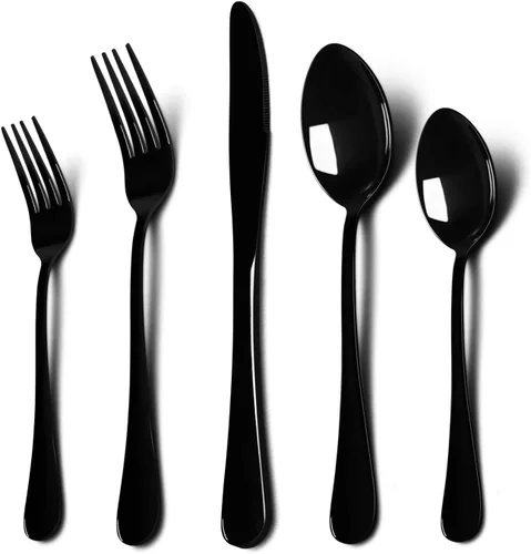 Miniatura 7 de HaWare Juego de cubiertos negros de 49 piezas con organizador de cubiertos, cubiertos de acero inoxidable con 8 cuchillos de carne, utensilios