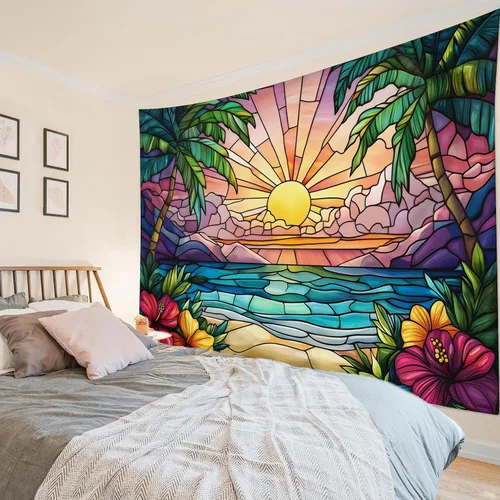 Miniatura 30 de LB Tapiz de hongos para colgar en la pared, luna y estrella en beige, tapiz de pared para dormitorio, estética de planta verde, arte de pared