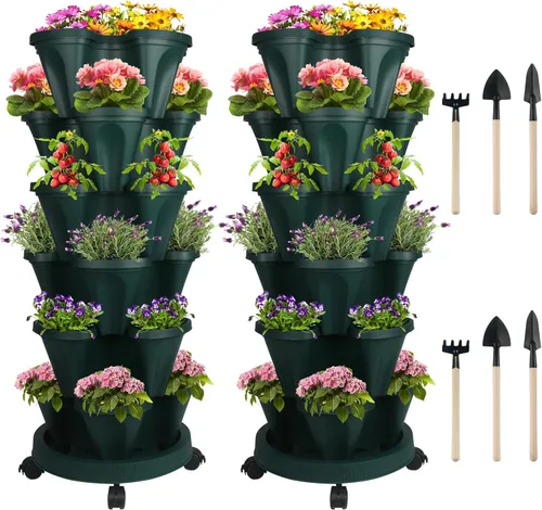 Miniatura 23 de Macetas apilables de polipropileno DUNCHATY, de 5 niveles, verde pino, para interior/exterior, 29" de altura x 13.6" de diámetro 2-1 Paquete