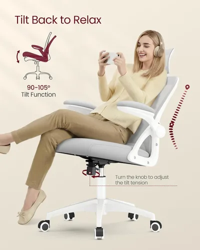 Miniatura 7 de VASAGLE Silla de oficina ergonómica de malla con soporte lumbar ajustable y reposacabezas, función de inclinación de 90-105°, asiento ancho, Gris