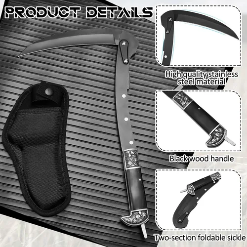 Miniatura 4 de WILLBOND Herramienta de jardín plegable de hoz negra afilada, cuchillo de mano de hierba de seguridad portátil con funda mango de madera, 2