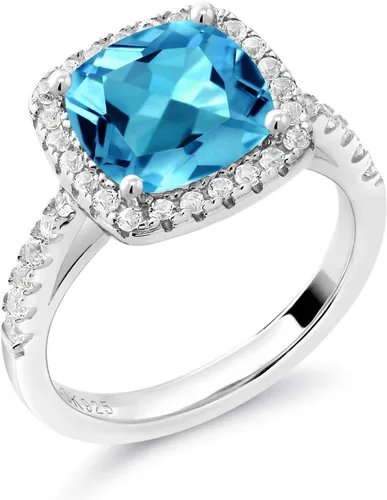 Miniatura 3 de Gem Stone King Anillo de compromiso de plata de ley 925 con topacio azul suizo y zafiro blanco creado para mujer