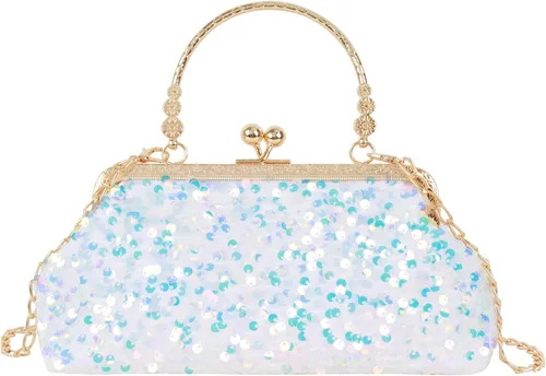 Mini bolso de noche con lentejuelas con purpurina para mujer, bolso de mano de metal con asa superior, correa de cadena, bolso cruzado