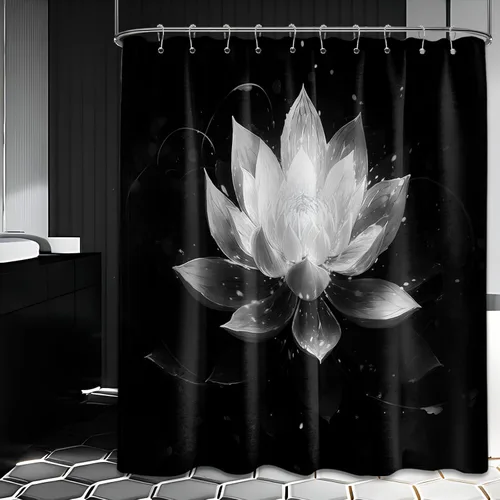 Miniatura 22 de Cortina de ducha con flores de loto negro y azul para decoración de baño, juego de cortinas decorativas de baño con estampado floral, tela