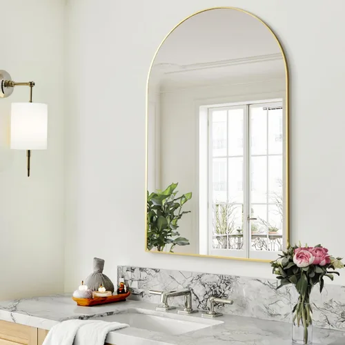 Miniatura 7 de BEAUTYPEAK Espejo de Pared Montado, Espejo de Baño Arqueado de 26 pulgadas x 38 pulgadas, Espejo de Tocador de Pared Dorado con Marco de Metal