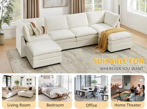 Miniatura 7 de VANOMi Sofá Seccional Modular Cloud de 127" para Sala de Estar, Sofá Cama Moderno de Gran Tamaño con Asiento Profundo y Otomana de Cojín Grueso