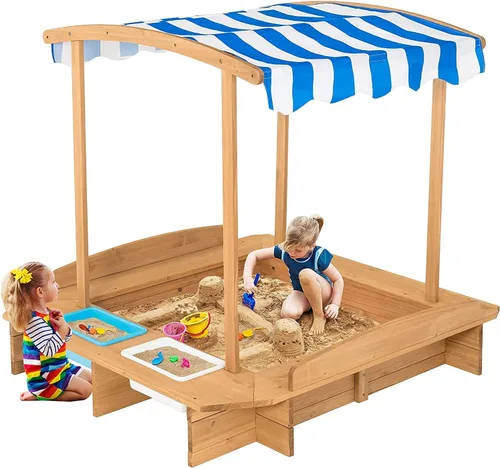 Miniatura 11 de HONEY JOY Caja de arena 3 en 1 para niños con casa de juegos y toldo, madera de cedro sin fondo para patio trasero con ruedas, barandillas