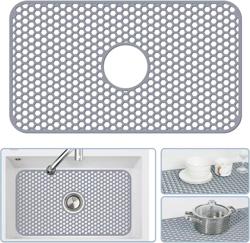 Miniatura 34 de Bestjing Tapete de silicona para fregadero - Protectores para fregadero de cocina con drenaje central, accesorio de rejilla de cocina de 26" x 14