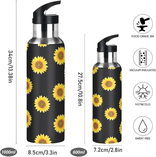 Miniatura 2 de Stainless Steel Vacuum Insulated Water Bottle 32 Oz, BPA-Free Sports Water Bottle for Gym Outdoor Travel School, Yellow Sunflowers Black