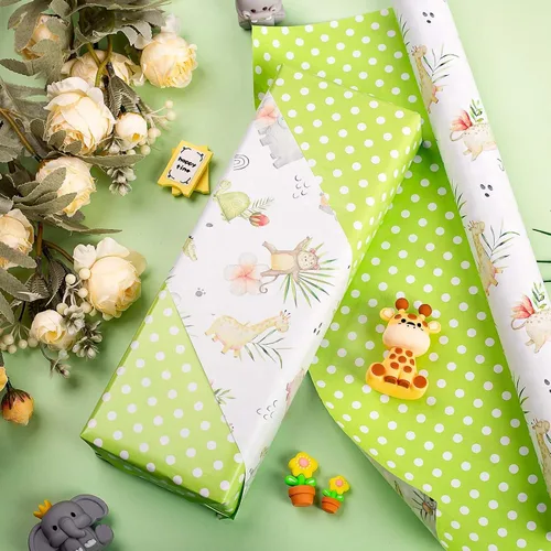 Miniatura 3 de Burymento Papel de regalo de animales, diseño reversible de lunares, envoltura de regalo para baby shower, cumpleaños, San Valentín, día