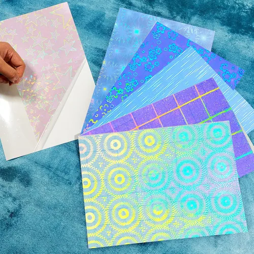 Miniatura 7 de Clabby 36 hojas de papel holográfico para pegatinas A4, láminas laminadas holográficas de vinilo, autoadhesivas, impermeables, transparentes, 11.7 x