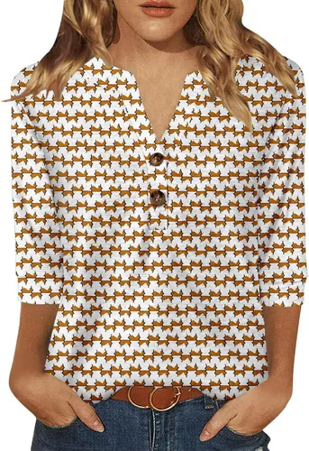 Miniatura 9 de Dimur Camisetas de manga 3/4 con cuello en V y botones para mujer, traje casual de negocios, camiseta básica de verano 2025