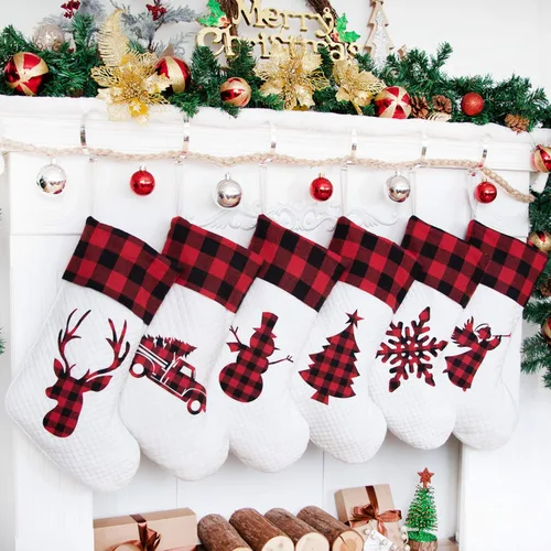 Miniatura 7 de LUBOT Juego de 4 medias de Navidad grandes para la familia, 20 pulgadas, silueta de búfalo rojo a cuadros para colgar en la chimenea, decoración