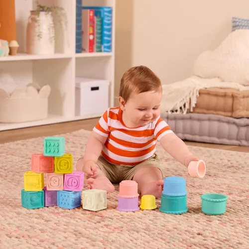 Miniatura 2 de B. toys Juguetes sensoriales para bebés - Bloques suaves para bebés - Vasos de goteo apilables - Números, formas y animales - Más de 6 meses