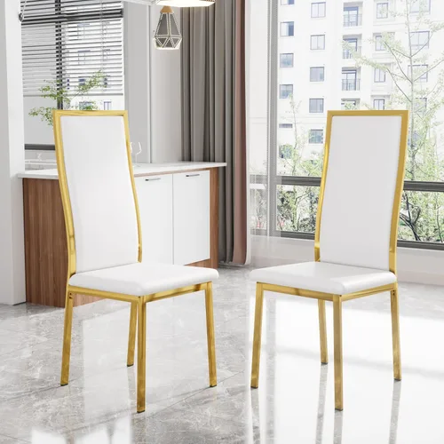 Miniatura 19 de Juego de 4 sillas de comedor modernas, de piel sintética blanca con patas de metal cromado dorado, diseño de respaldo alto curvo y acolchado