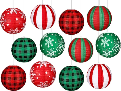 Miniatura 8 de Bencailor Juego de 12 linternas de papel colgantes de Navidad, linternas decorativas para fiesta de Navidad, lámparas colgantes redondas