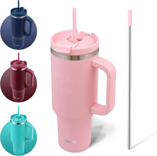 Miniatura 15 de FAHRMOSIS Vaso de 40 onzas con asa y pajita, taza aislada que cabe en el portavasos para bebidas frías y calientes, vaso a prueba de fugas
