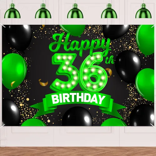 Miniatura 79 de Cartel de feliz cumpleaños 26 verde y negro, telón de fondo con texto en inglés "Cheers to 26 years old confeti", globos de confeti, decoración