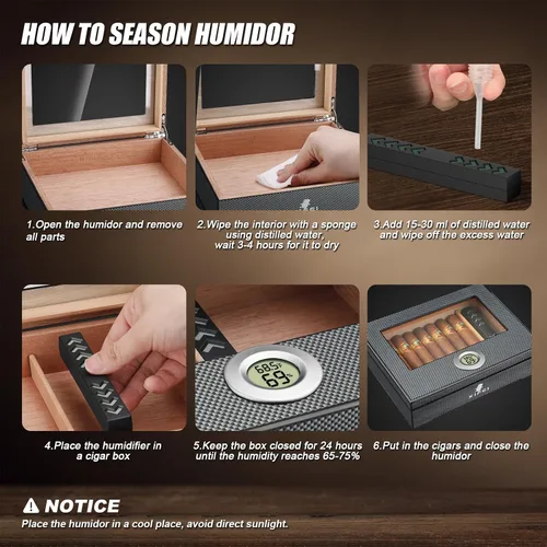 Miniatura 5 de XIFEI Humidor de puros, textura de fibra de carbono superior de vidrio con higrómetro digital, incluyendo humidificador de puros, divisor, caja
