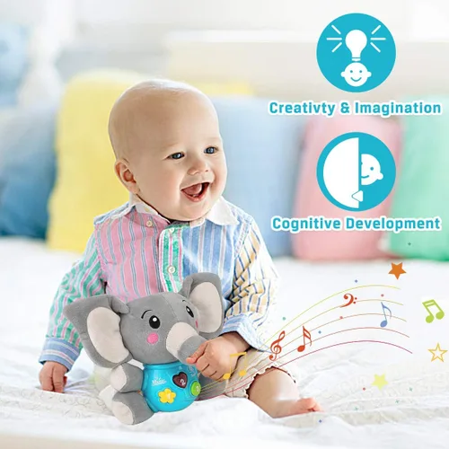 Miniatura 2 de Aitbay elefante musical de peluche, juguete para niños de 0, 3, 6, 9 y 12 meses, bonito peluche con luces para bebés recién nacidos, para niños