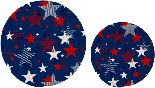 Miniatura 3 de Naanle Juego de 2 salvamanteles tejidos para ollas, 4 de julio, bandera de Estados Unidos, estrellas florales azules, manteles individuales redondos