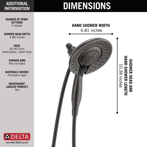Miniatura 4 de Delta Grifo Cabezal de Ducha de Mano Dual 2-en-1 In2ition Touch-Clean de 5 Chorros con Manguera, Bronce Veneciano 58569-RB-PK